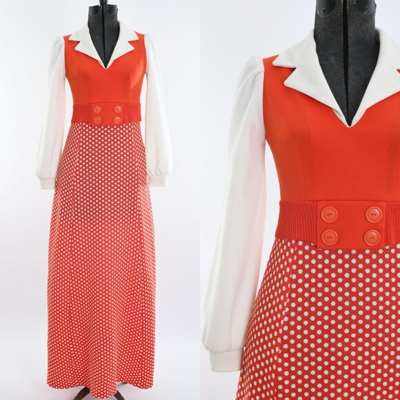 Vintage 1970s XS Orange White Polka Dot Long Sleeve Maxi DressPatricia Fair